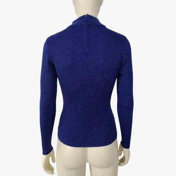 Vintage 1980s Blue Metallic Silk Beaded Stretch Knit Mock Neck Sweater - Picture 6 of 12